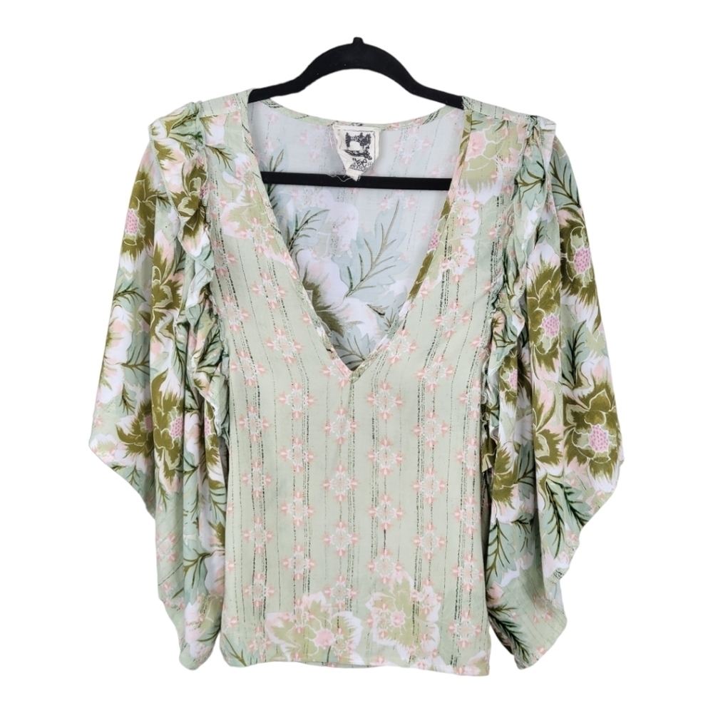 Jaase XS Green Floral Flutter‎ Sleeve Deep V Boho Fairycore Cottagecore Top